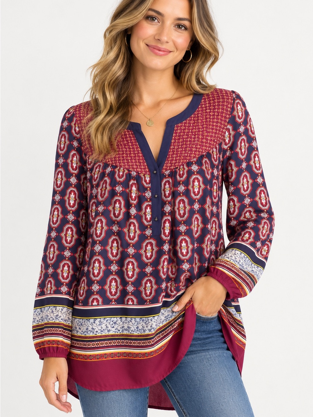 Daniel Rainn Woven Patterned V-Neck Blouse - Burgundy Navy
